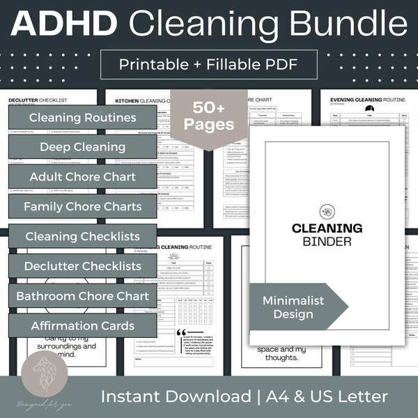 Cleaning Bundle for Individuals with ADHD, fillable pdf, printable ADHD Planner, ADHD Cleaning Checklist, Cleaning Schedule Printable