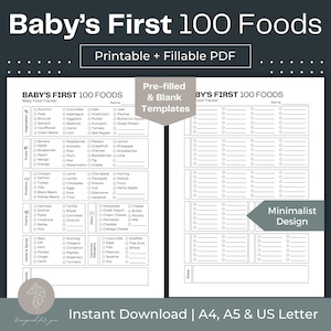 Baby's eerste 100 voedingsmiddelen Afdrukbare tracker voor babyvoeding Invulbare PDF-kaart Babyvoeding Controlelijst voor babyvoeding Baby geleide spenenchecklist Voedselmijlpaal