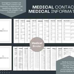 May include: A black and white printable medical binder with tabs for medical contacts, care team, emergency, pharmacy, healthcare, insurance, medications, allergies, family, and medical overview.