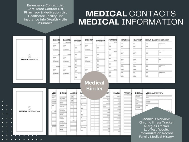 May include: A black and white printable medical binder with tabs for medical contacts, care team, emergency, pharmacy, healthcare, insurance, medications, allergies, family, and medical overview.