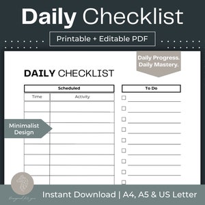 Tägliche Checkliste Printable Checklist Minimale To Do Liste Ausfüllbar PDF tägliche Routine Tagesplaner Vorlage Digitale To Do Liste Tägliche Aufgabenliste