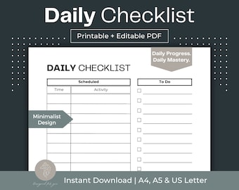 Minimalist Daily Checklist, Fillable To-Do List (PDF)