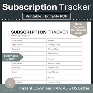 Subscription Tracker Printable Membership Tracker Fillable PDF Home Planner Digital Subscriptions List Payment Tracker Subscription Log