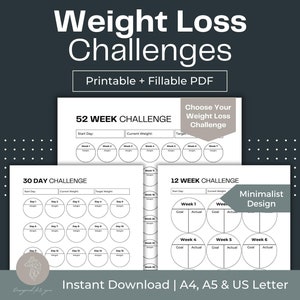 Weight Loss Challenge Printable Weight Loss Planner Pages 52 Week Challenge 30 Day Weight Loss Challenge 12 Week Weight Loss Tracker