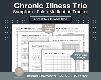 Può includere: Un tracker di malattie croniche stampabile e compilabile in PDF su 9 pagine. Il tracker include tracker giornalieri e mensili di sintomi, dolore e farmaci. Il design è minimalista e include un contorno del corpo per il monitoraggio del dolore. Il testo "9 Pages Track your Health" è nell'angolo in alto a destra.