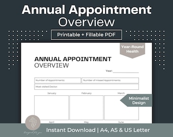 Annual Appointment Overview Printable, Fillable Medical Tracker (PDF)