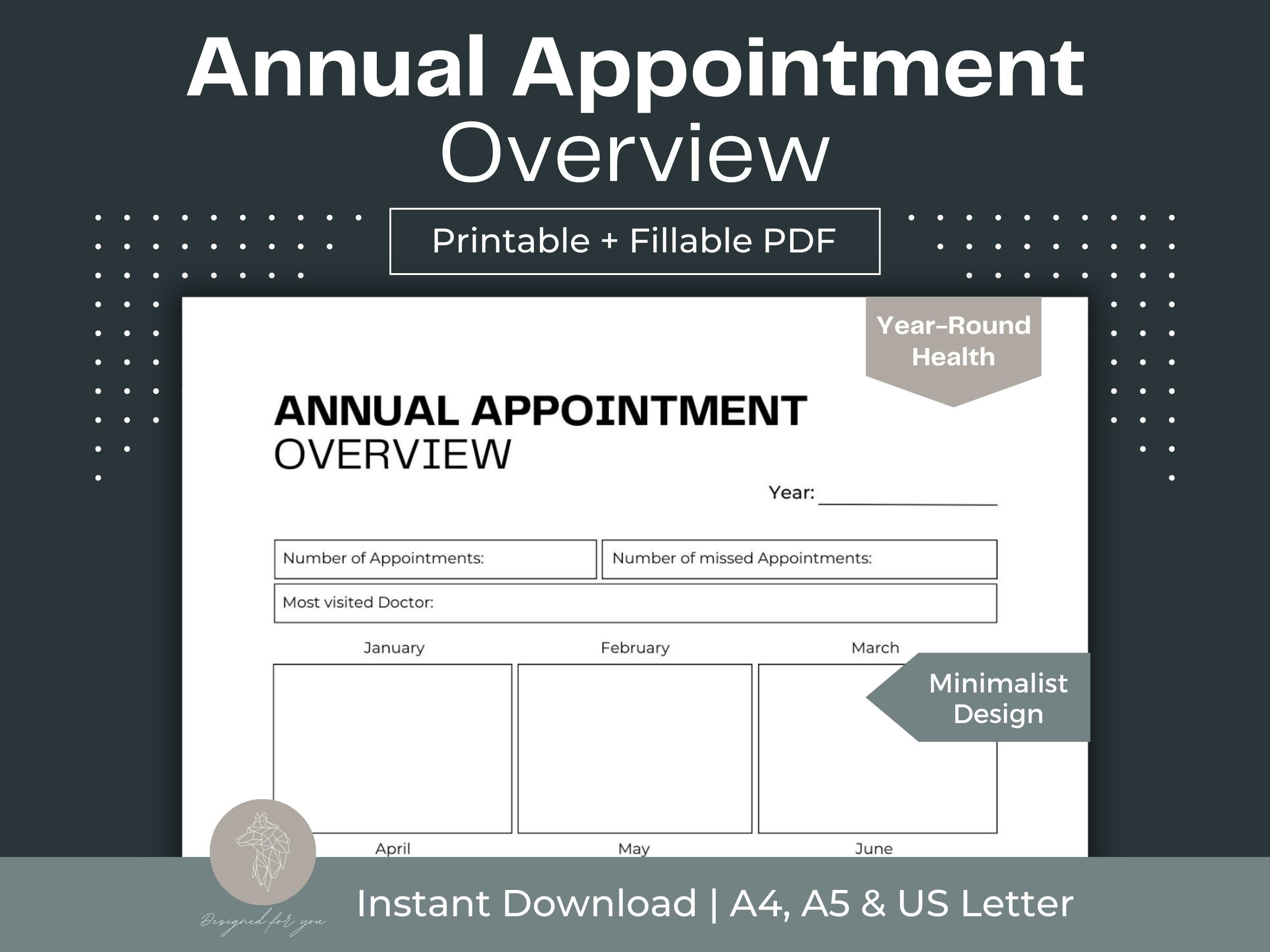 Annual Appointment Overview Printable, Fillable Medical Tracker (PDF ...