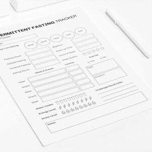 May include: A printable intermittent fasting tracker with sections for daily tracking, including date, how you are feeling, fasting hours, meals and snacks, water intake, energy level, stress level, exercise, and challenges faced.