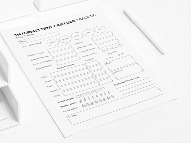 May include: A printable intermittent fasting tracker with sections for daily tracking, including date, how you are feeling, fasting hours, meals and snacks, water intake, energy level, stress level, exercise, and challenges faced.
