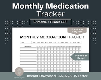 Monatliche Medikationstracker, ausfüllbare PDF (A4, A5, Letter)