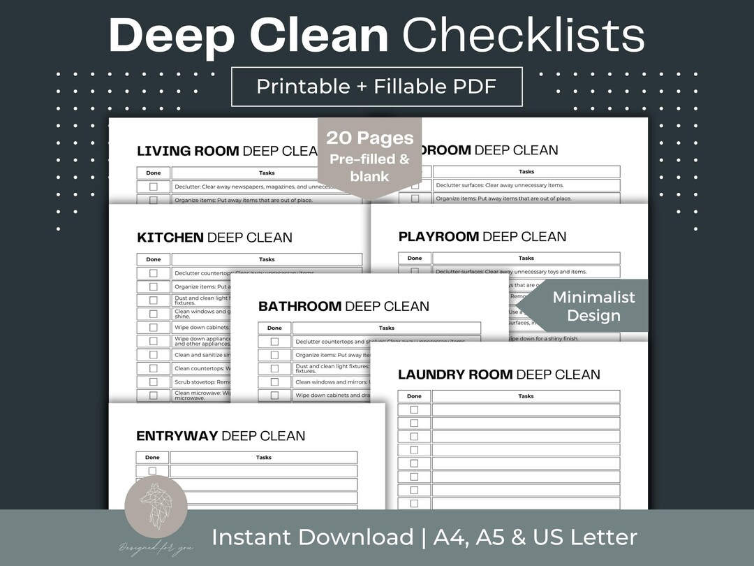 Deep Clean Checklist Printable: Home Cleaning Schedule (fillable PDF ...