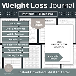 Gewichtsverliesdagboek Afdrukbare gewichtsverliesplannerpagina's Gewichtsverliestracker Fitnessplanner Afdrukbare dieetplanner Invulbare gezondheidstracker