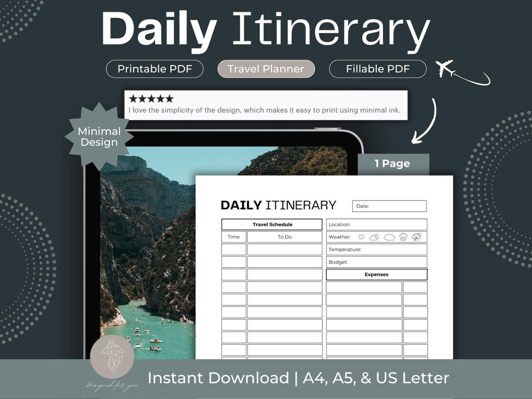 Printable Travel Itinerary, Daily Planner Template (PDF) - Etsy