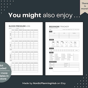 Op de afbeelding: Twee afdrukbare gezondheidstrackers: een bloeddruklogboek en een migraine tracker. Het bloeddruklogboek heeft secties voor tijd, systole, diastole, hartslag, positie, activiteit en medicatie. De migraine tracker bevat secties voor tijd, locatie, intensiteit, triggers en verlichtingsmaatregelen.