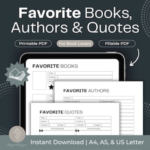 Favorite Books, Favorite Authors, Favorite Quotes, Book Quotes, Reading Journal Bundle, Book Log, Book Reading Planner Printable, PDF