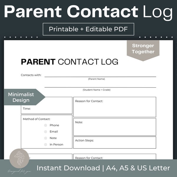 Contactlogboek van ouders Afdrukbaar communicatielogboek Invulbare PDF Contactpapier Contactlijstsjabloon Aantekeningen bij bijeenkomst voor kinderopvang Contactlijst ouders