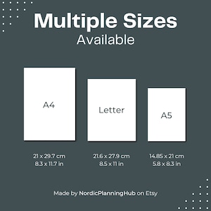 May include: A graphic showing the different sizes of paper available for purchase. The sizes are A4, Letter, and A5. The dimensions are listed in both centimeters and inches.