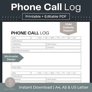 Phone Call Log Printable Child Custody Call Tracker Fillable PDF Co-Parenting Planner Parent Communication Log Digital Child Custody Planner