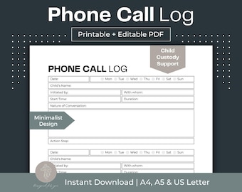 Child Custody Phone Call Log, Co-Parenting Communication (Fillable PDF)