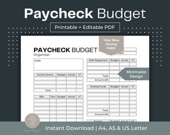 Paycheck Budget Planner Printable: Bill Tracker & Savings Challenge (Fillable PDF)