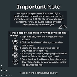 K&ouml;nnte beinhalten: Eine schwarz-wei&szlig;e Grafik mit Anweisungen zum Herunterladen digitaler Dateien von Etsy. Die Grafik enth&auml;lt Symbole f&uuml;r eine Kreditkarte, ein Dokument, einen Drucker und eine Hand mit einem zeigenden Finger.