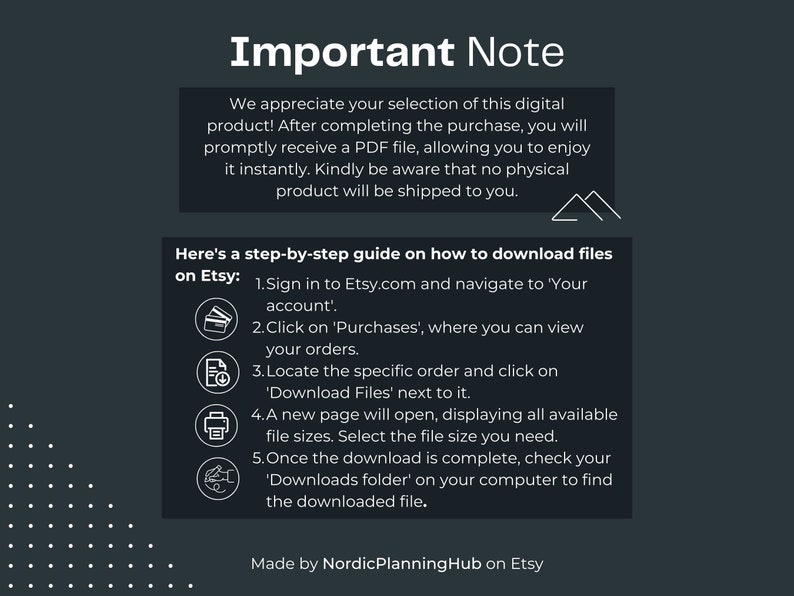 K&ouml;nnte beinhalten: Eine schwarz-wei&szlig;e Grafik mit Anweisungen zum Herunterladen digitaler Dateien von Etsy. Die Grafik enth&auml;lt Symbole f&uuml;r eine Kreditkarte, ein Dokument, einen Drucker und eine Hand mit einem zeigenden Finger.
