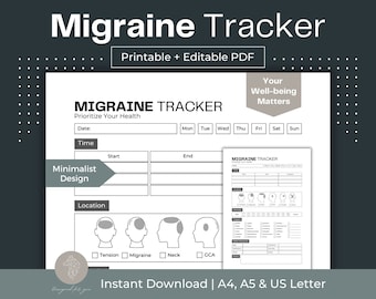 May include: Printable migraine tracker in a minimalist design. The tracker includes sections for date, time, start, end, location, and symptoms. The tracker also includes a section for notes. The text "Your Well-being Matters" is at the top of the page.