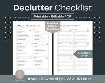 Lista de verificación imprimible para ordenar y deshacerse del desorden, organización minimalista del hogar (A4, A5, Carta)