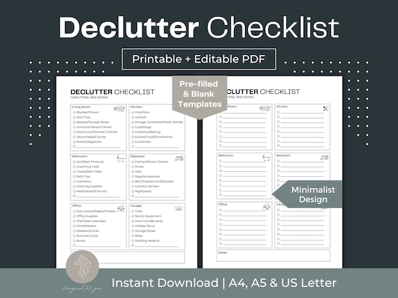 Declutter Checklist Printable, Minimalist Home Organization (A4, A5, Letter)
