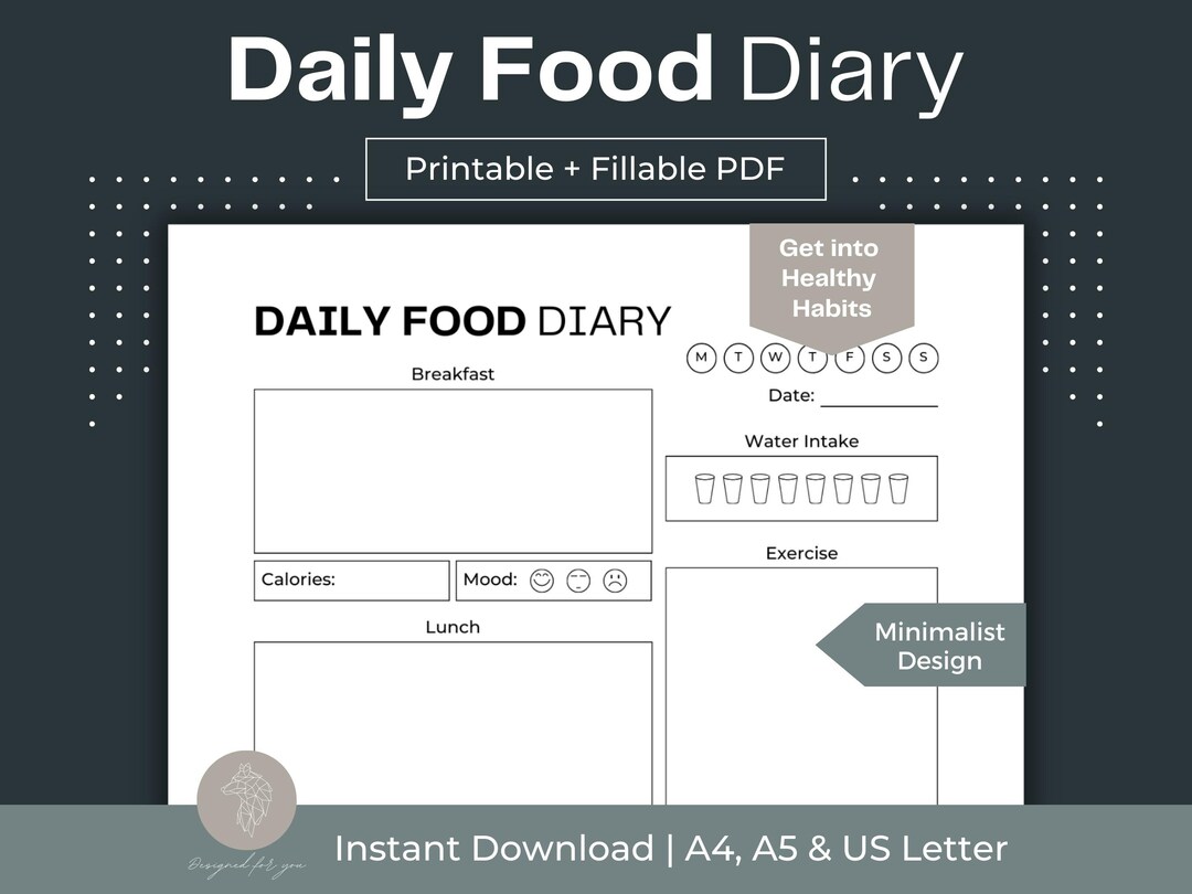 Daily Food Diary Printable Daily Food Journal Fillable PDF Daily Food ...