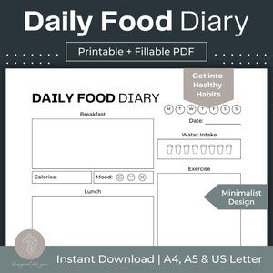 Daily Food Diary Printable Daily Food Journal Fillable PDF Daily Food and Fitness Log Calorie Intake Tracker Calorie and Meal Planner