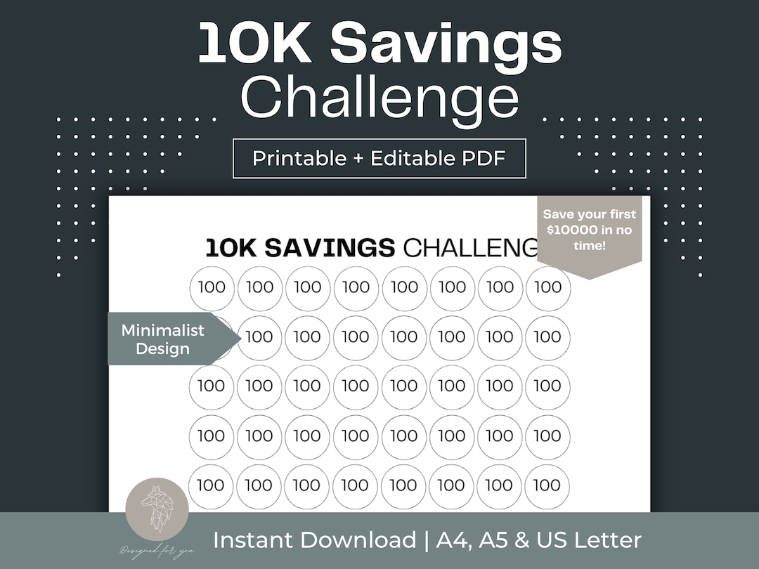 10k Savings Challenge Printable Savings Tracker Fillable PDF Money ...