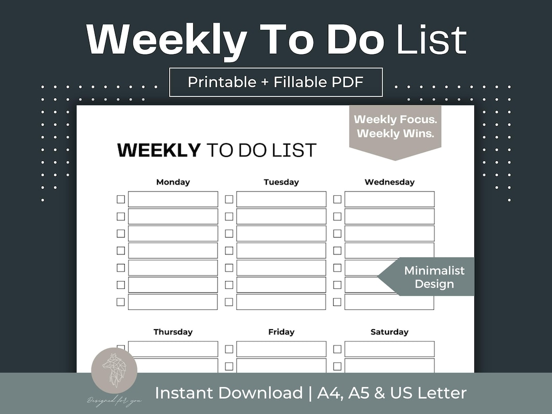 Weekly to Do List Printable Weekly Schedule Fillable PDF Daily Planner ...