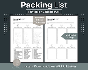 Travel Packing List Template: Minimalist Printable, Fillable PDF