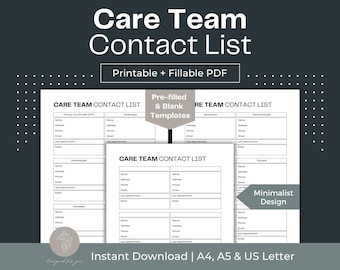 Care Team Contact List Printable, Fillable Medical Binder (PDF)