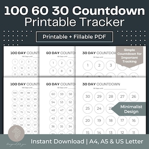 Countdown Printable Tracker 100 60 30 Day Countdown to Retirement Halloween Birthday Wedding Vacation Anniversary Fillable PDF