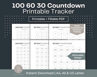 Countdown Printable Tracker 100 60 30 Tage Countdown bis zum Ruhestand Halloween Geburtstag Hochzeit Urlaub Jahrestag Fillable PDF