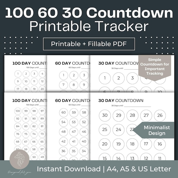 Compte à rebours imprimable Tracker 100 60 Compte à rebours de 30 jours jusqu'à la retraite Halloween Anniversaire Mariage Vacances Anniversaire PDF à remplir