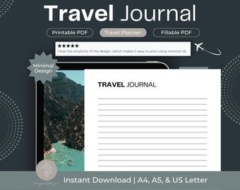 May include: A digital travel journal with the title "Travel Journal" in white text. The design includes a scenic photo of a turquoise lake and mountains. The journal is available in A4, A5, and US Letter sizes, and is a printable and fillable PDF.
