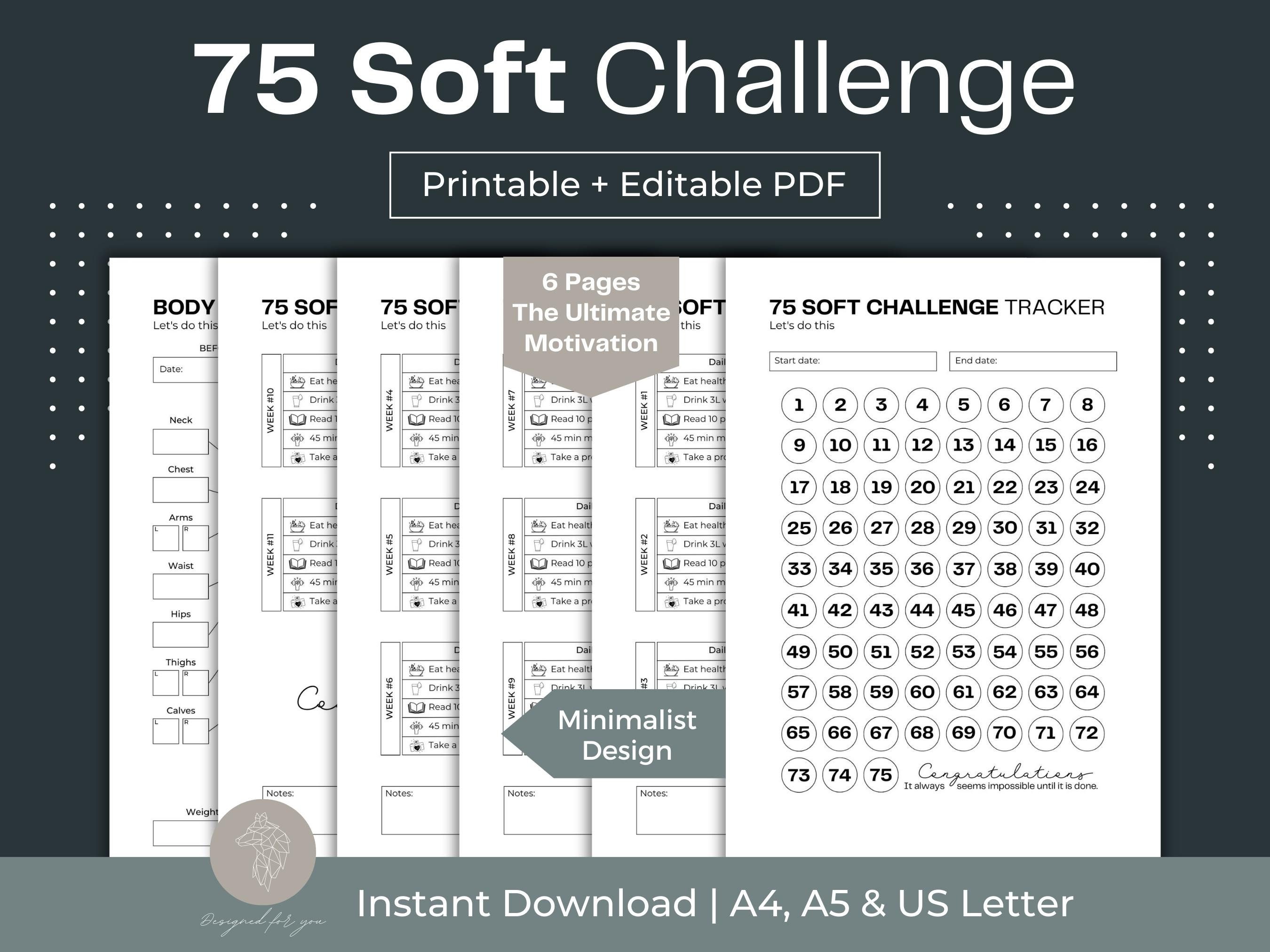 75 Soft Challenge Tracker Printable Fitness Habit Tracker Fillable PDF ...