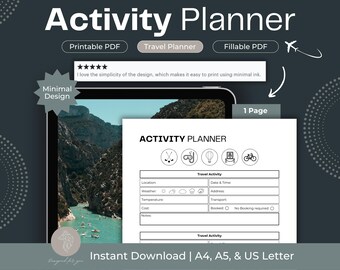 May include: A printable activity planner with a minimalist design. The planner has a black and white design with icons for different activities. The planner is available in A4, A5, and US Letter sizes.