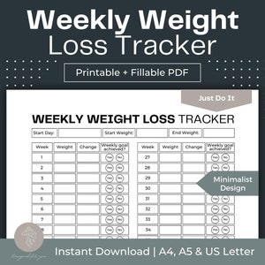 Weekly Weight Loss Tracker, Fillable PDF (A4, A5, Letter)