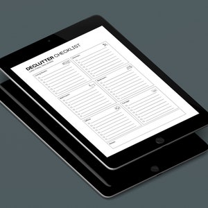 May include: A black and white printable declutter checklist for different rooms in a house. The checklist includes icons for each room: kitchen, living room, bathroom, office, garage, and a generic room labeled "other".