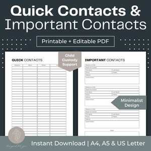 Quick Contacts & Important Contacts Printable Child Custody Planner Fillable PDF Co-Parenting Planner Digital Child Custody Journal