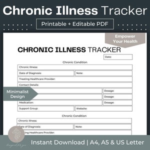 Chronische Krankheit Tracker druckbar für Ihre medizinische Mappe Fillable PDF Medikamente Tracker Gesundheitsplaner Medikamente Log Health Tracker