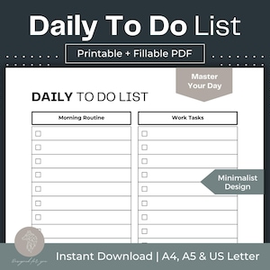 Daily To Do List Printable Fillable PDF Simple To Do List Template Minimalist To Do List Productivity Checklist Daily Task List