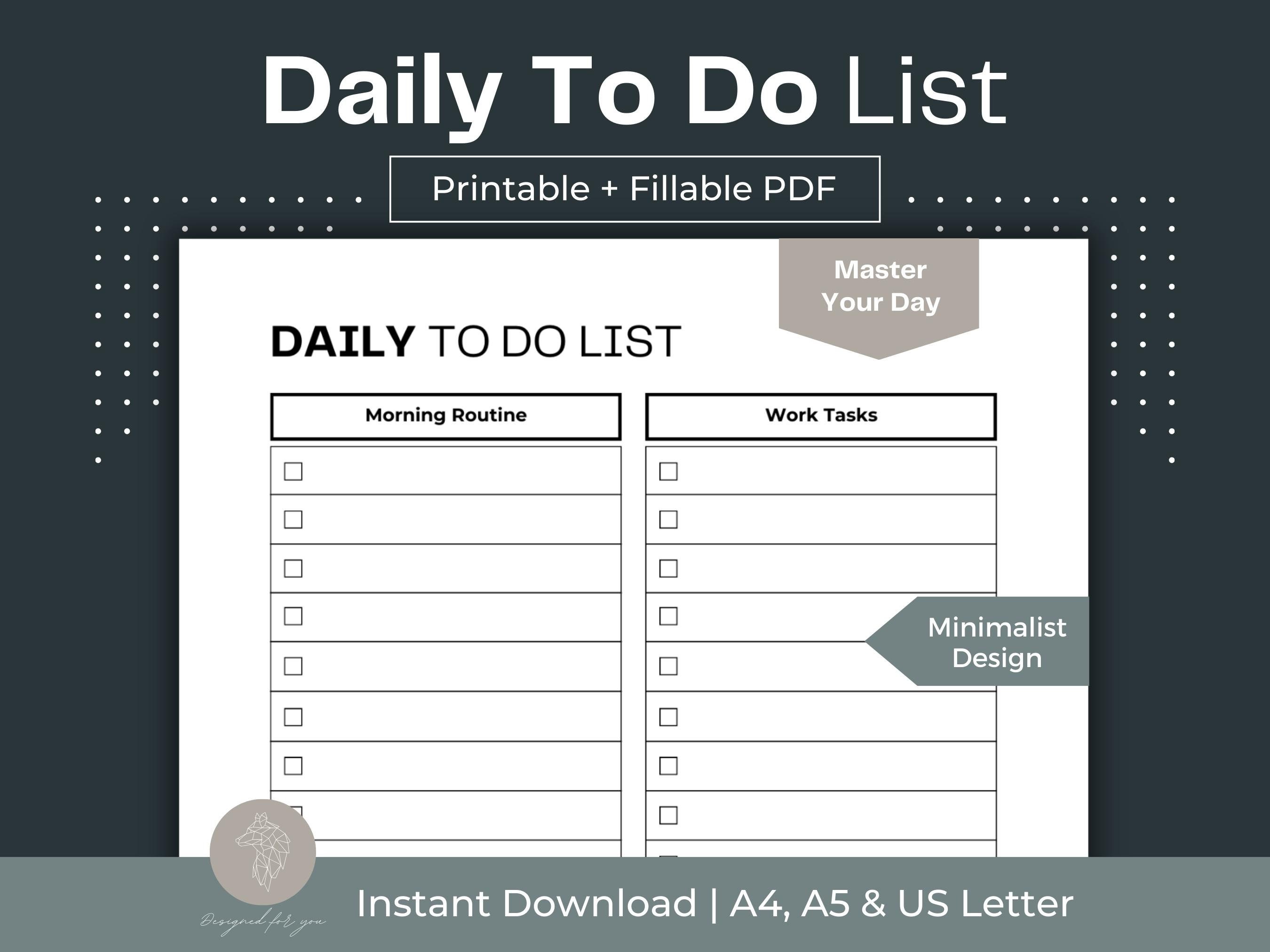 Minimalist Daily to Do List Template (fillable PDF) - Etsy