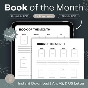 Boek van de maand sjabloon, boekbibliotheeksjabloon, dagboekbundel lezen, boekenlogboek, boekleesplanner afdrukbaar, invulbare PDF
