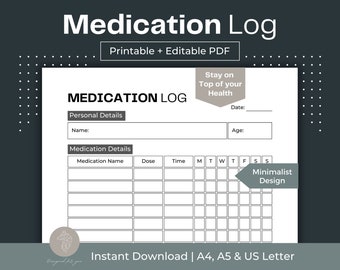 Medication Log Printable: Fillable PDF, Medicine Tracker (A4, A5, Letter)