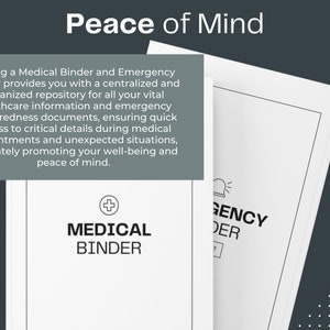 May include: A white medical binder with a red cross and the text "MEDICAL BINDER" on the front. The binder is next to a white emergency binder with the text "EMERGENCY BINDER" on the front. The text "Peace of Mind" is at the top of the image.